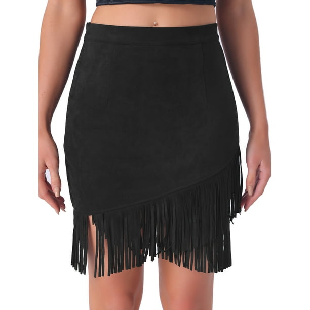Falda de ante sintético para mujer Inspire Chic con flecos, cintura alta, estilo vintage, falda corta XL negra