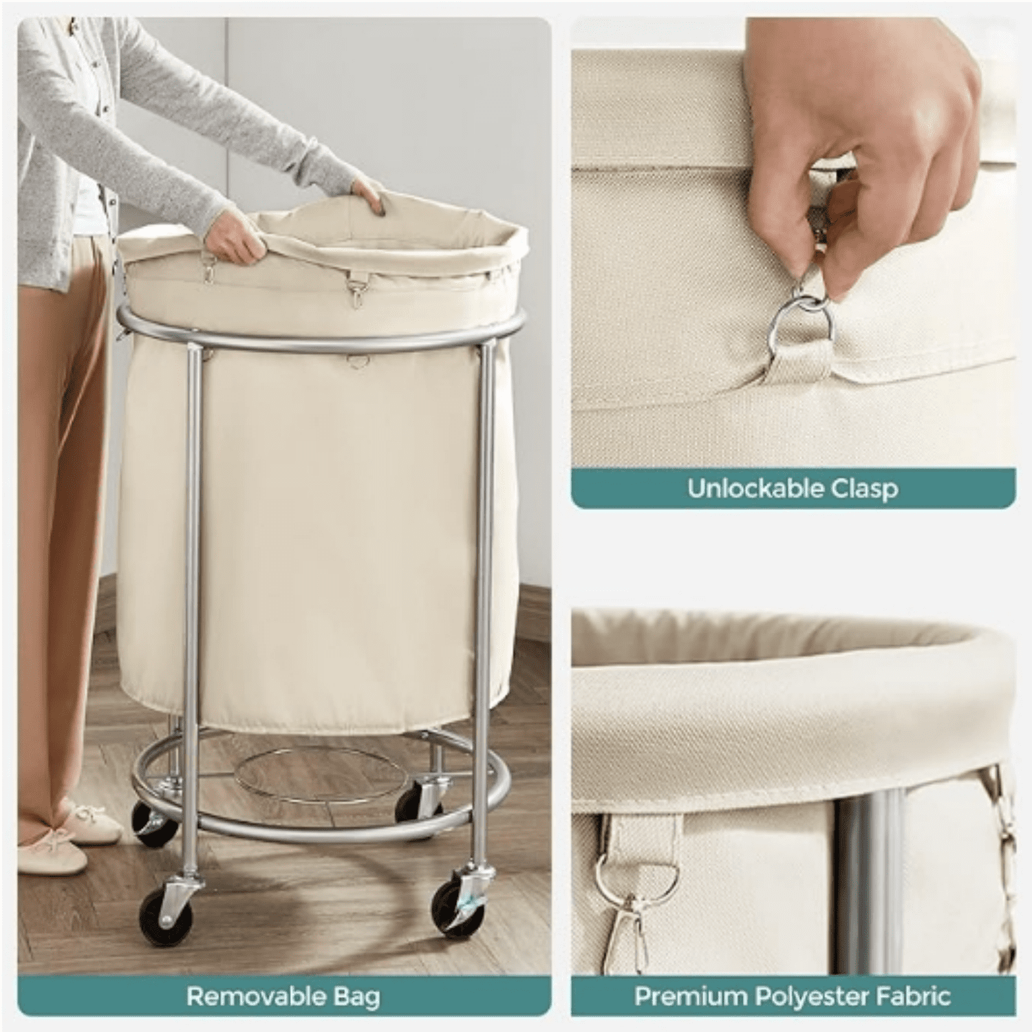 Laundry Basket with Wheels, Rolling Laundry Hamper, 45 Gal., Roun Laundry Cart with Steel Frame an e vable Bag, 4 Casters an 2 Brakes, Cream an Silver URLS01MZ