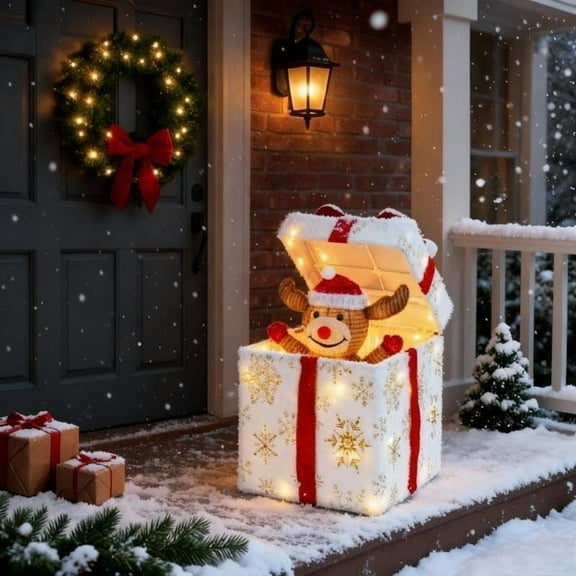 12in Motorized Lighted Reindeer Gift Box with LED Lights, Auto-Opening Velvet Present for Indoor Outdoor Christmas Decor, Weather-Resistant Holiday Yard or Mantel Display