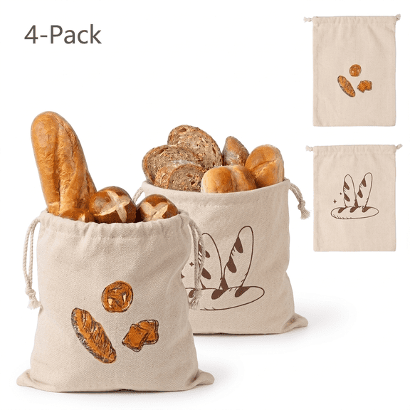 ROSEXIXI 4 Pack Bread Bags Reusable Linen Sourdough Loaf Storage Drawstring Cotton Baguette Sack 12x15in