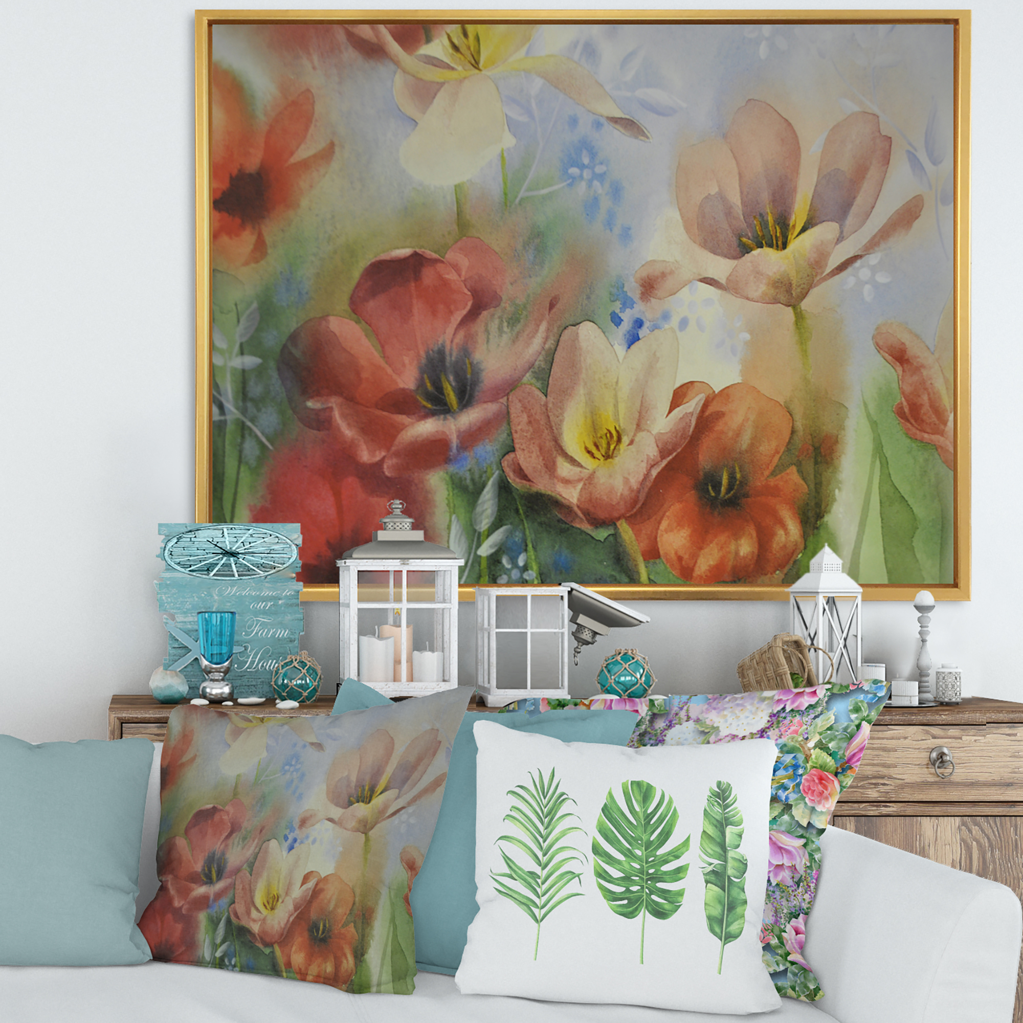 Ancient Flowers In Dark Pastel Colours 32 in x 16 in Framed Painting Canvas Art Print, by Designart