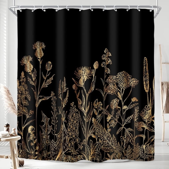 Extra Long 72Wx84H Shower Curtain for Bathroom Decor Black Gold Dark Floral Wildflower Vintage Botanical Rustic Farmhouse Plant Art Printed Fabric Polyester Waterproof 12 Pack Plastic Hooks