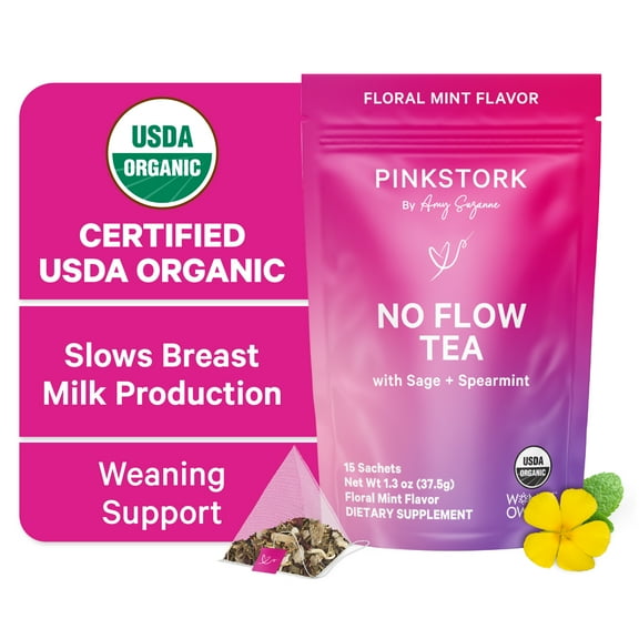 Pink Stork No Flow Tea, Sage Spearmint Peppermint, 30 Sachets, Organic Herbs for Breastfeeding Moms