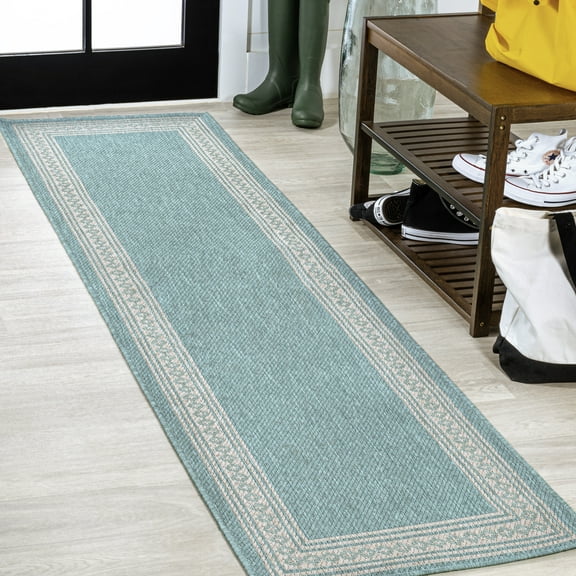 JONATHAN Y SANTA MONICA 2 x 8 Runner Rug, Lucia Diamond Border - Aqua/Light Gray, SMB207D-28