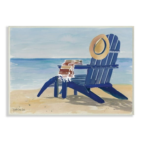 Stupell Industries Empty Blue Beach Chair with Hat Nautical Scene Nature Painting Unframed Art Print Wall Art, 13 x 19