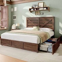 Merluxy King Size Farmhouse Bed Frame with Headboard, Wooden Storage Bedroom Furniture, Brown
