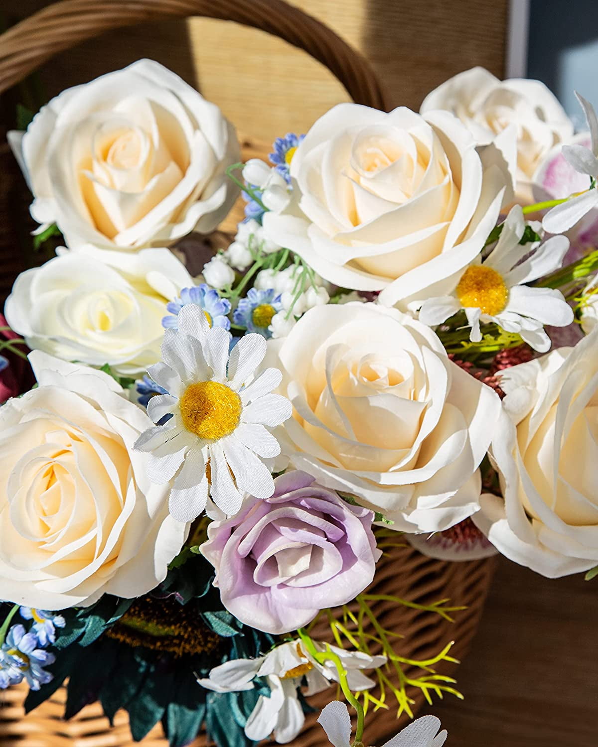 10pcs Fake Roses Artificial Silk Flowers Faux Rose Flower Long Stems Bouquet for Arrangement Wedding Centerpiece Party Home Kitchen Decor(Ivory-White Long Stem)