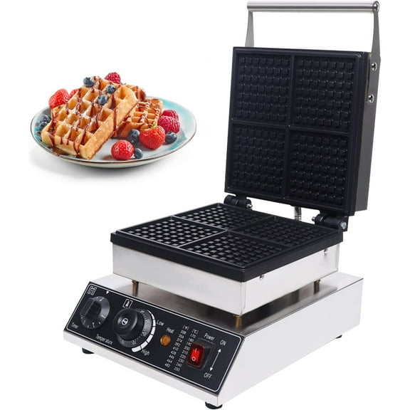 Commercial Waffle Maker, 4 Pieces Nonstick Electric Waffle Iron Machine Stainless Steel 110V Temperature and Time Control Belgian Waffle Maker for Bakery, Restaurant, Snack Bar or Home