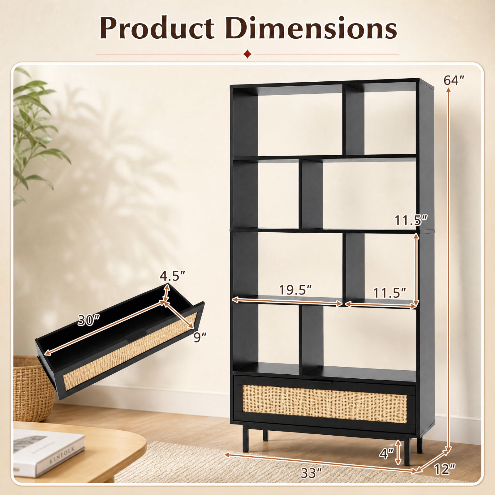 Furnibear 64 inch 6-Tier Tall Wooden Bookcase with 8 Open Cubes for Living Room Home Office Bedroom Display Storage Shelf, Black