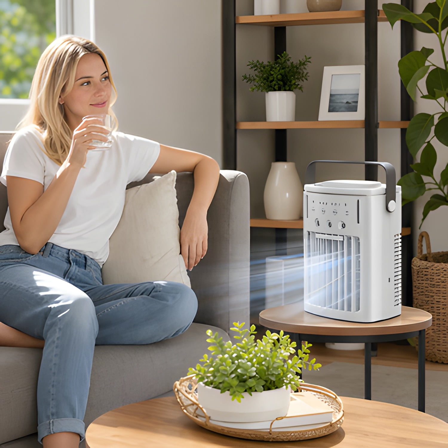 Portable Air Conditioner, 4 in 1 Evaporative Air Cooler with Remote Control, 3-Speed Mini Air Conditioner with Timer, 3 Mist Levels, 1L Water Tank, 120° Oscillating Mini AC Fan for Desktop Home