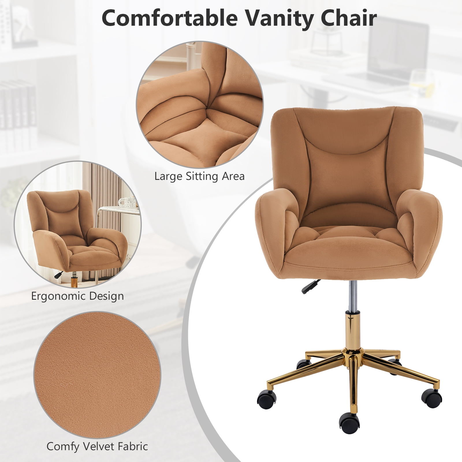 Desk Chair with Wheels and Arms Velvet Comfortable Desk Chair for Home Office Height Adjustable Vanity Chair Modern Task Chair Computer Desk Chair Coffee