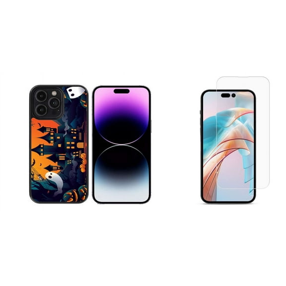 Bemz Phone Case for iPhone 15 Pro Max with Tempered Glass Screen Protector, Lightweight Shockproof Scratch Resistant UV Print Protective TPU Cover (Halloween Haunted House)