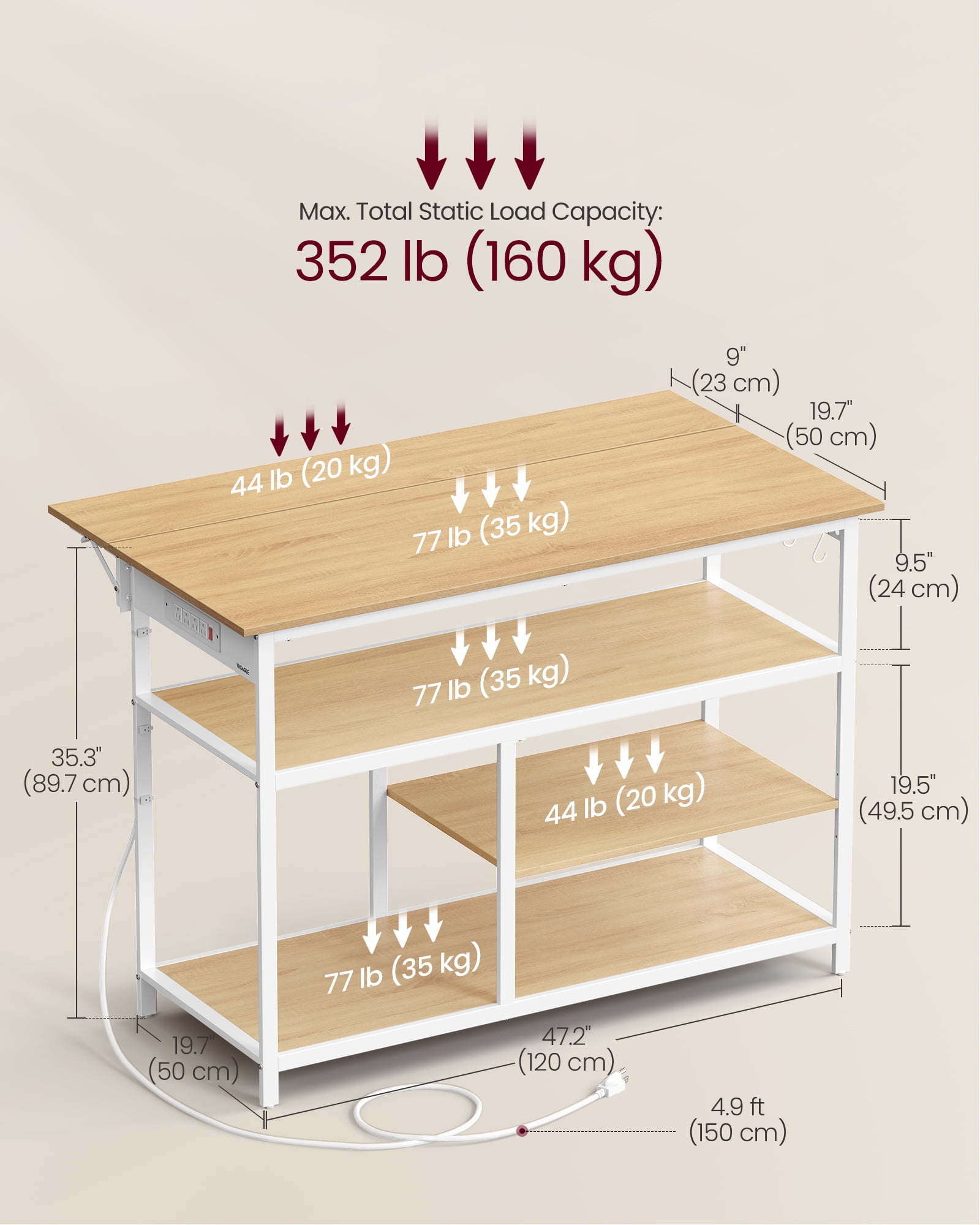 Kitchen Island with Drop Leaf, Kitchen Workbench with Extendable Worktop, Kitchen Cart, Pegboard, Power Strip, Adjustable Shelf, Golden Oak and Cloud White