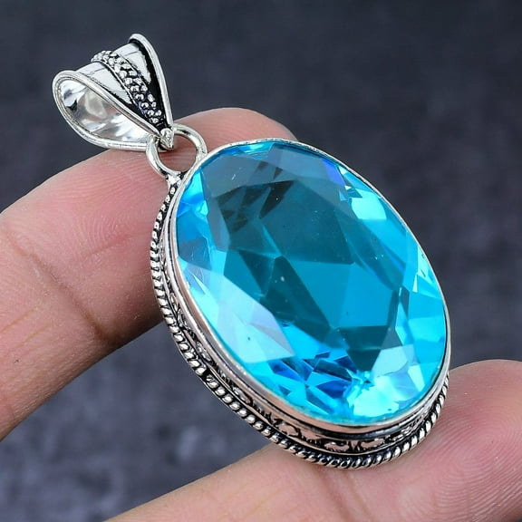 Natural Swiss Blue Topaz Handmade 925 Sterling Silver Jewelry Pendant 2.13"