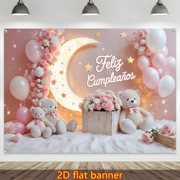 Feliz Cumpleaños Backdrop Pink White Floral Balloons Mexican Birthday Photography Background Crescent Bear Spanish Fiesta Newborn Birthday Party Decorations Banner Supplies Photo Booth Props