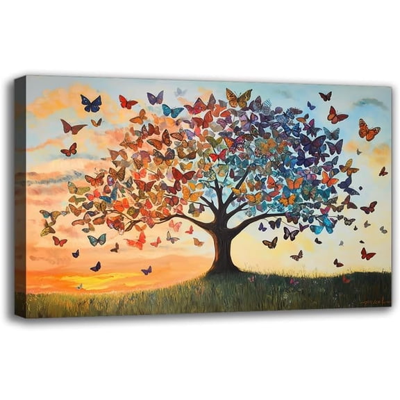 Abatract Tree of Life Framed Canvas Wall Art Prints - Colorful Butterflies Contemporary Art Paintings For Office Wall Decor For Living Room Bedroom Bathroom Gifts For Her/Him Home Decorations