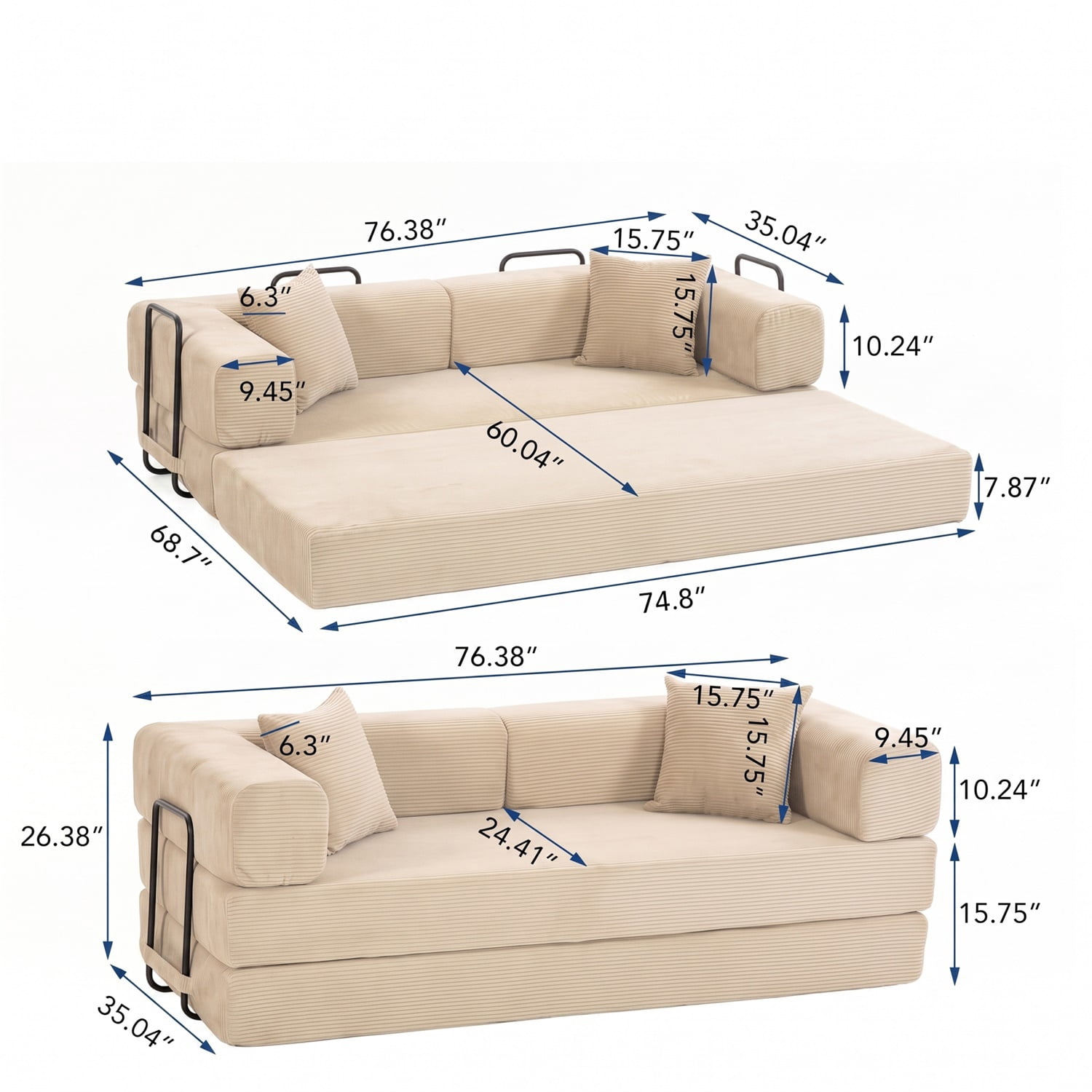 Hommoo Versatile Corduroy Fabric Full Foam Modular Compressed Sofa Couch Bed Sleeper with Multiple Layout Options, Beige