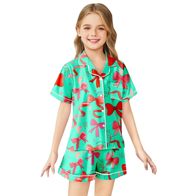 SXcggal Pyjamas Imprimés Nœud Papillon Décontractés pour Filles Ensemble Mignon et Léger