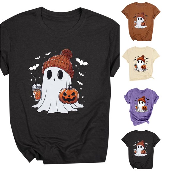 Yuhangmm Womens Halloween Shirts Fashionable Casual Printed Short Sleeved Round Neck T Shirt Top for Women with Cute Design Black XL