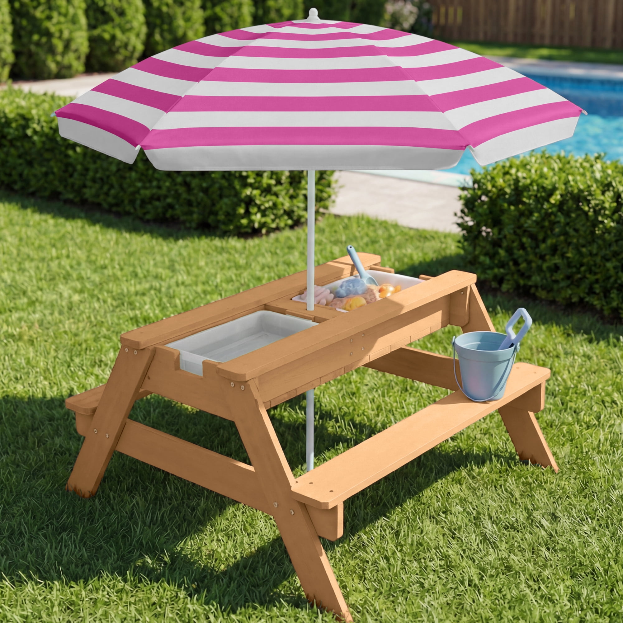 Best Choice Products Kids 3-in-1 Outdoor Sand and Water Activity Picnic Table with Umbrella - Natural/Dark Pink