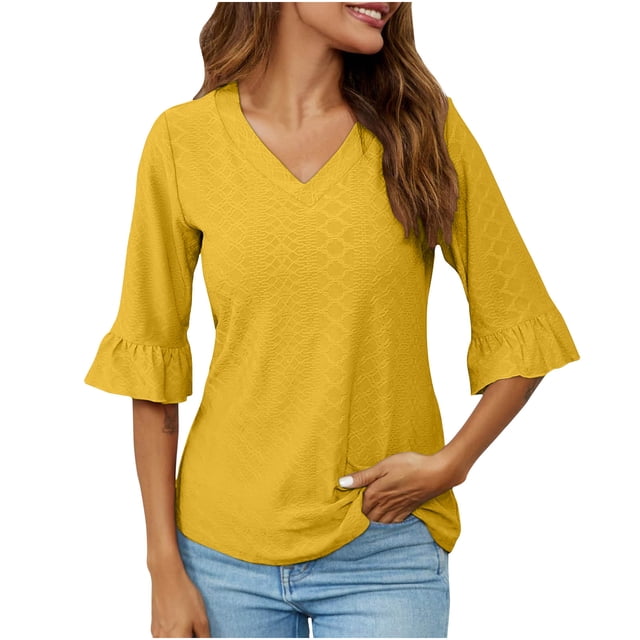 Timegard Eyelet Tops for Women V Neck Ruffle Flare 3/4 Sleeve Shirts Fall Dressy Casual Tunic Tops