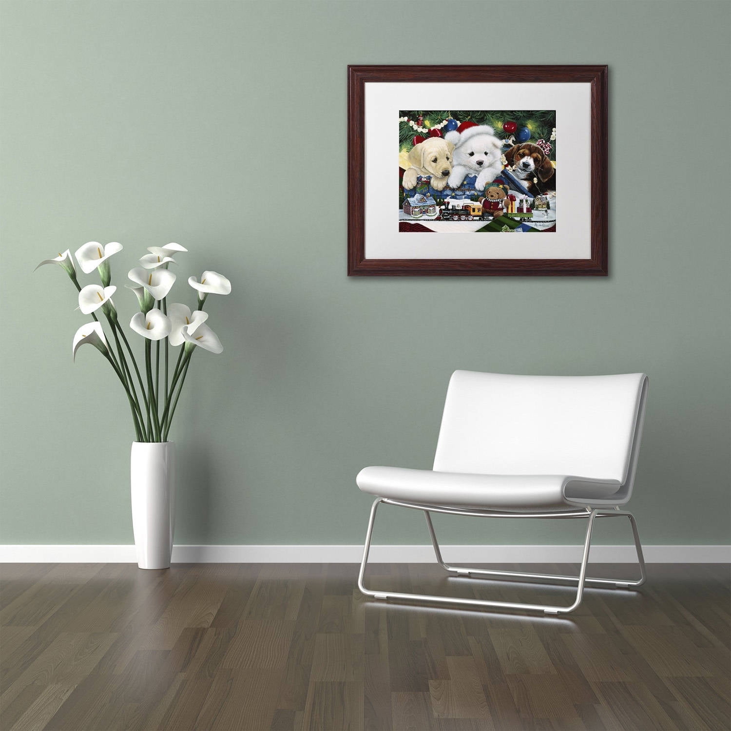 Trademark Fine Art 'Curious Christmas Pups' Canvas Art by Jenny Newland, White Matte, Wood Frame