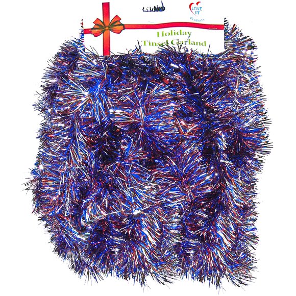 Love It! 1 Strand Patriotic, Super Ultra Lush Extra Thick Multi-Layer Foil Tinsel Garland: 25 Ft. Long Multi-color Red, Silver & Blue