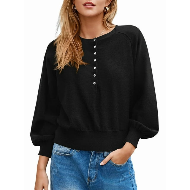 Chandail à Col Rond Boutonné pour Femmes Automne Manches Longues Henley Chemises Tendance Chandail Ample en Tricot