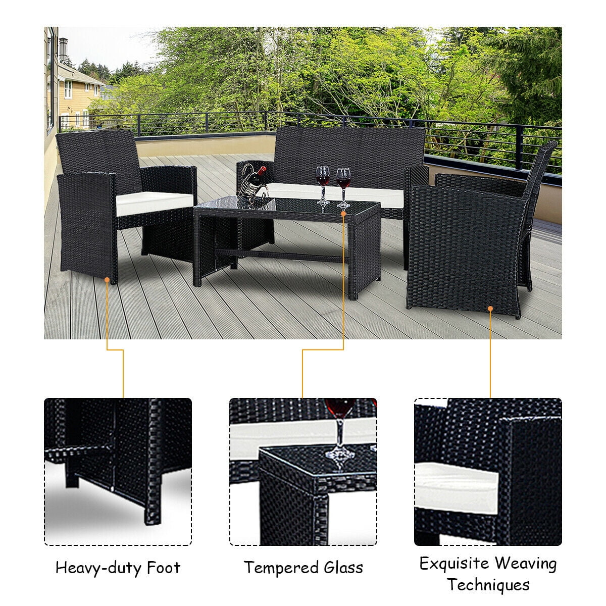 Costway 4 Pc Rattan Patio Furniture Set Garden Lawn Sofa Wicker Cushioned Seat Black