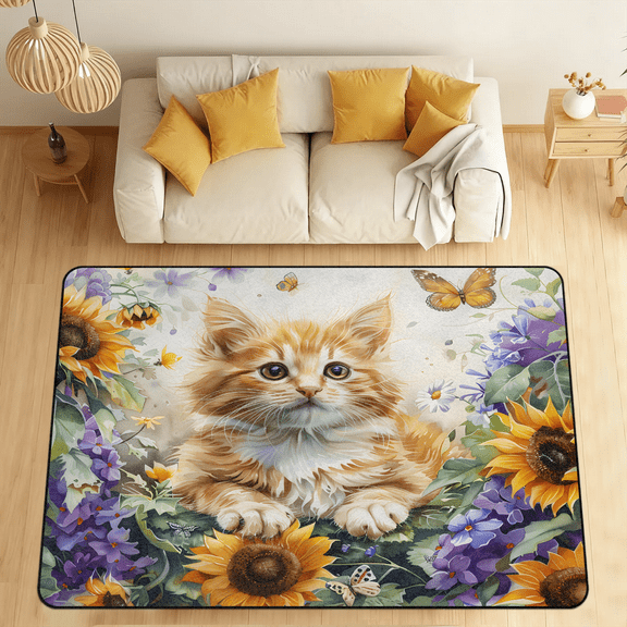 CURLYOOT Cat Flower Area Rugs for Living Room Bedroom, 4' 10" x 6' 8" Washable Rug, Cute Animal Floor Carpet with Non Slip Backing for Dining Room Indoor