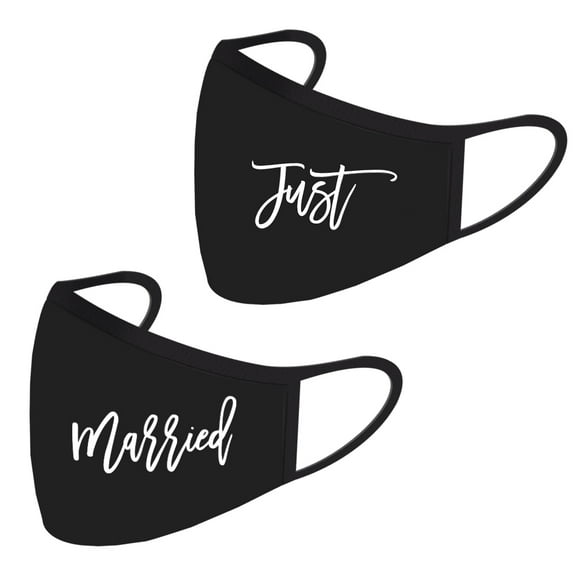 Koyal Wholesale Wedding Face Mask, Just Married Design, Black Cloth Face Masks with 1 Replaceable PM 2.5 Filter,  2-Pack