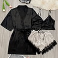 thumbnail image 1 of 3 Piece Simple Satin Pajama Set, Short Robe With Belt + Cami Top + Lace Trim Shorts, Women's Loungewear & Sleepwear, 1 of 5