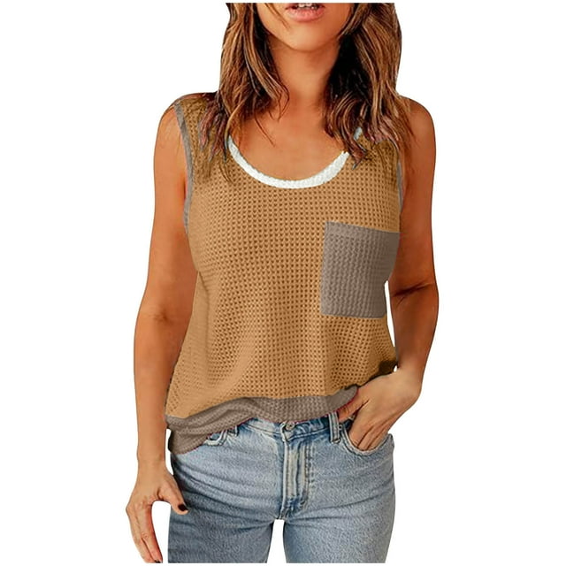 ohmzyzo Débardeurs pour Femmes Tricot Gaufré T-Shirts Décontractés d'Été Col Rond Sans Manches avec Poches