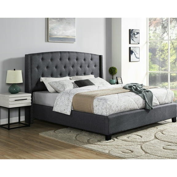 Contemporary Bedroom : Upholstered Bed And Two Nightstands In White Elegant Furniture: Wingback & Grey