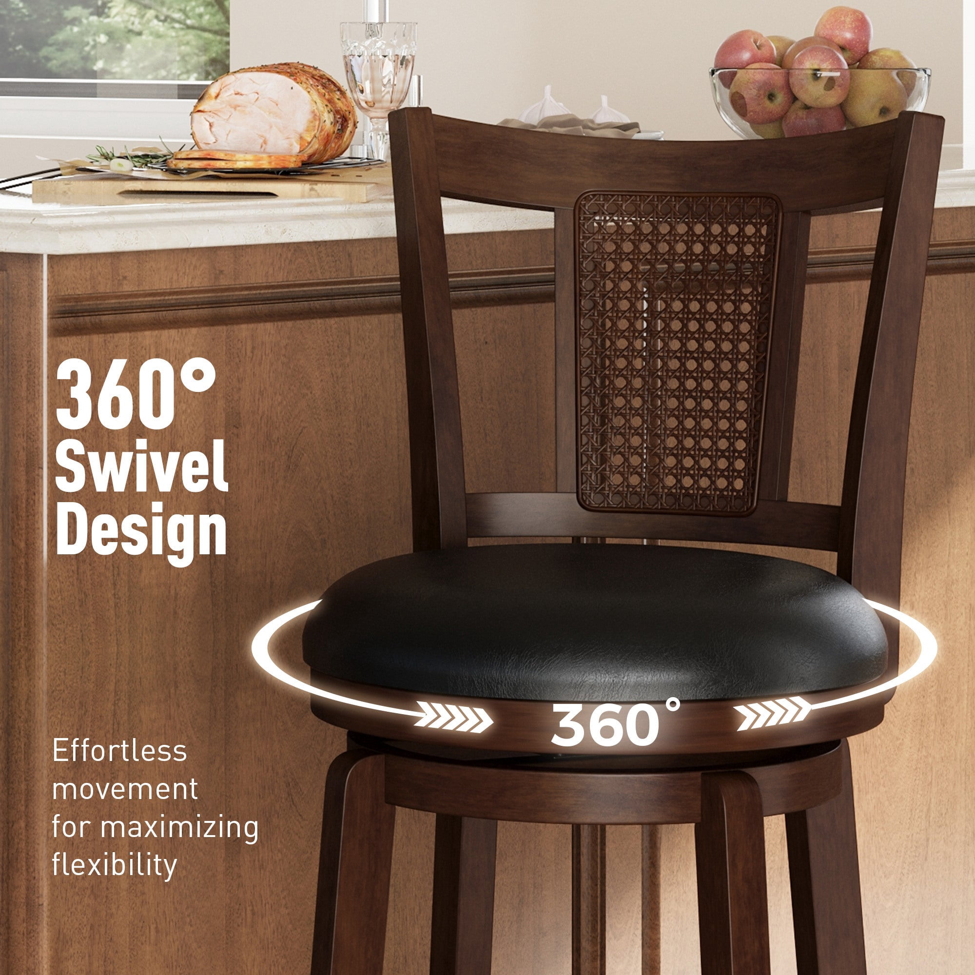 MF Studio 30" Wood Swivel Bar Height Stool with back Set of 2, Farmhouse Upholstered Pub Chair with Extra Large Seat & Hollow Pattern Back, Walnut