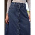 thumbnail image 5 of Womens Dark Wash High Waist Scalloped Button-Front Denim A-Line Midi Skirt, 5 of 30