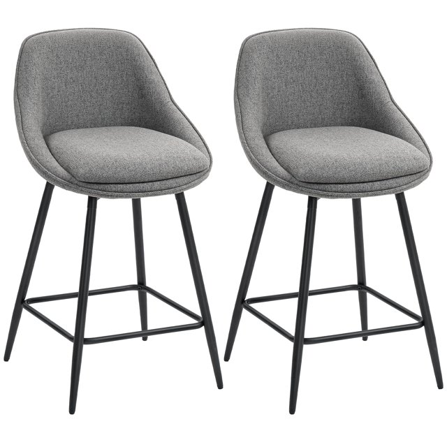 Set of 2 Counter Height Bar Stools, 26" Swivel Upholstered Chairs with Armrests and Backrests, Dark Grey Linen Fabric and Steel Legs for Kitchen Island and Home Bar Dining Area