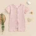 thumbnail image 2 of KyCheLot Newborn Baby Girls Jumpsuit Knit Ribbed Short Sleeve Full Zip up Romper Summer Bodysuit 0-12 Months, 2 of 3