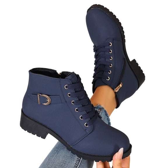 Miqool Womens Lace Up Ankle Boots Side Zipper Buckle Strap Low Block Heel Non Slip Short Booties Fall Winter Daily Outdoor Walking Shoes