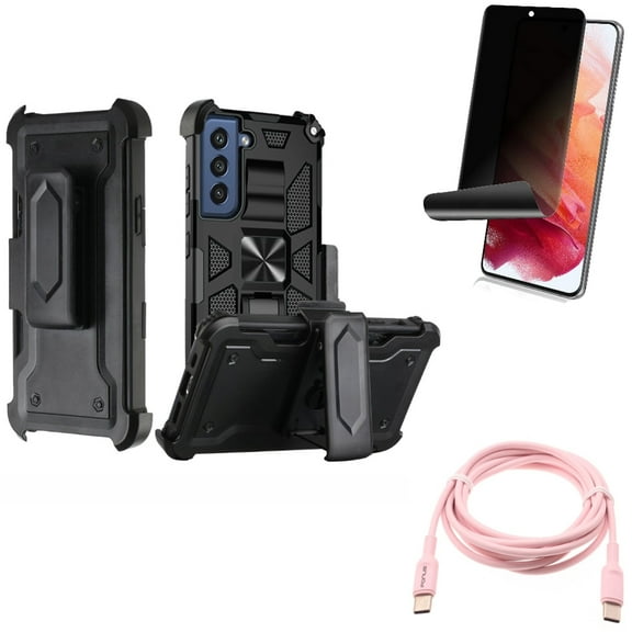 Case Belt Clip & Privacy Screen Protector & Pink 6ft Long Cable for Samsung Galaxy S22 (6.1") - Holster Swivel & TPU Film Fingerprint Works & USB-C to Type-C PD Fast Charger Accessory Bundle