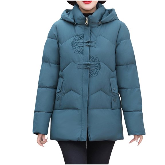 Winter Warm Coats for Womens Fashion Plus Size Solid Color Embroidered Jacket Button Double Pocket Zipper Long Sleeved Parkas