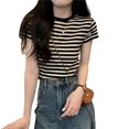 thumbnail image 3 of Ropa de verano 2023 nuevo estilo francés dulce y picante con camisa de fondo en el interior, camiseta de hombro derecho, camiseta de manga corta a rayas femeninas XL Xishao ropa, 3 of 3