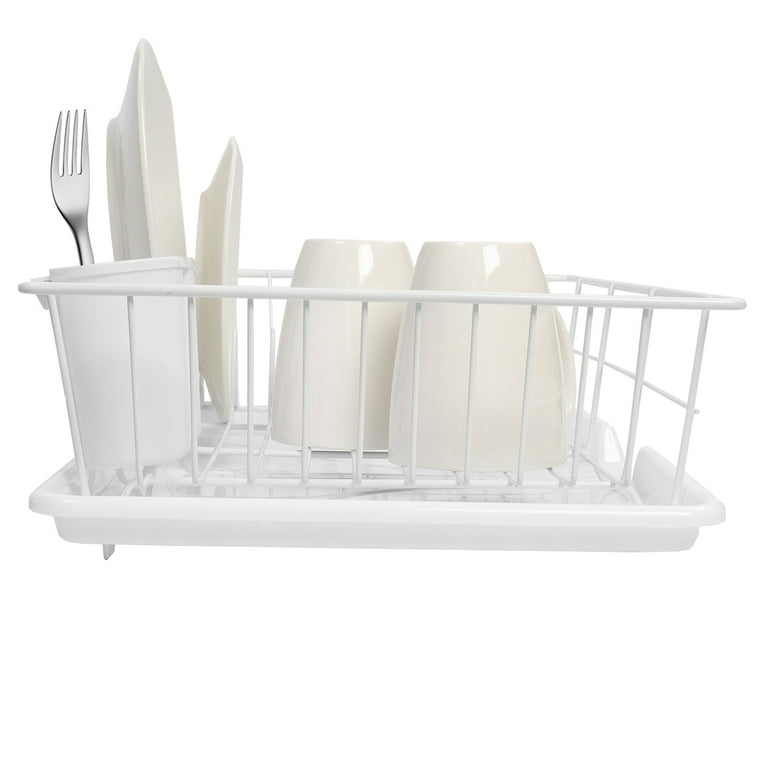 Small Vinyl Coated Wire Dish Rack with Utensil Holder, White