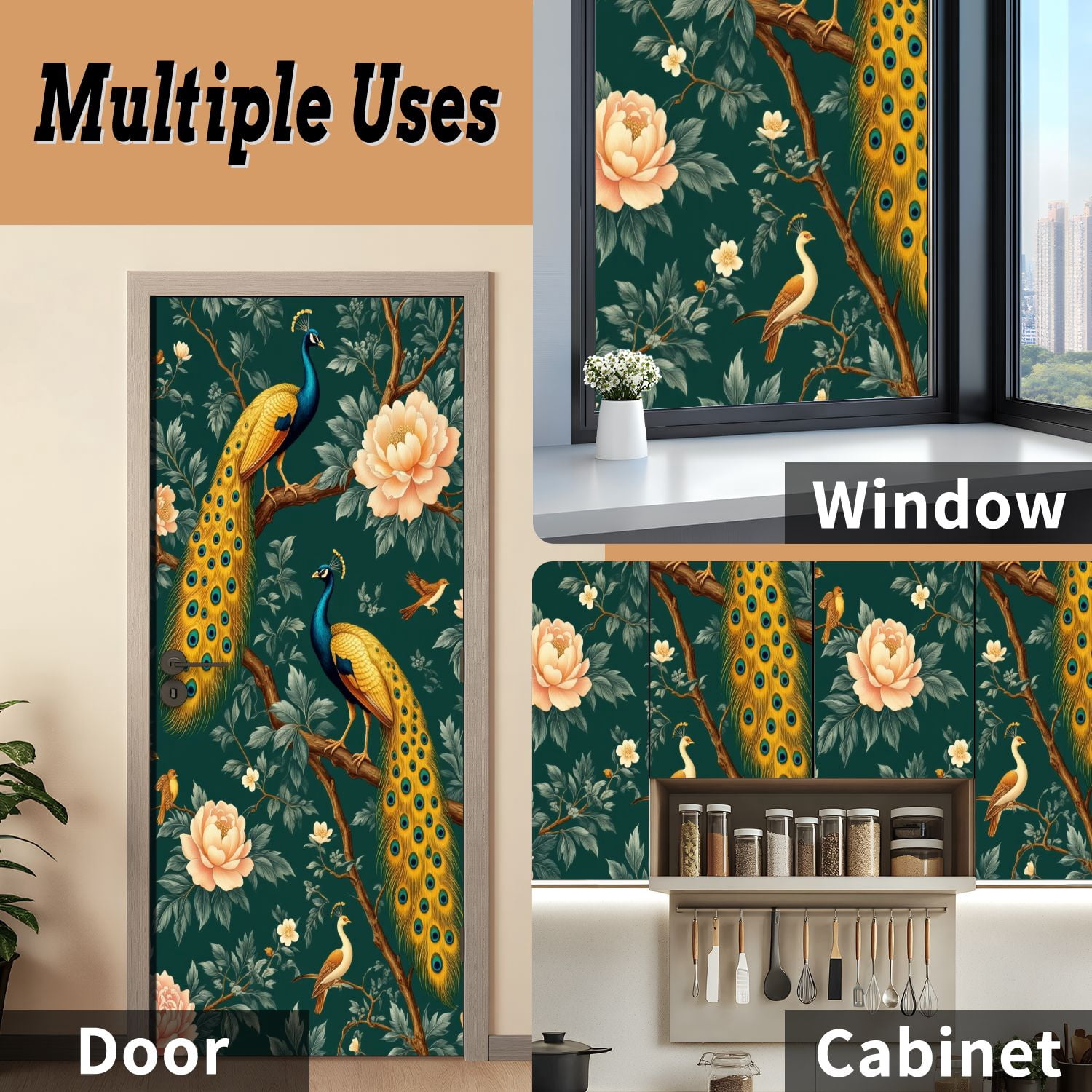 Self Adhesive Vinyl Refrigerator Wrap Set Elegant Peacock Floral Design Vintage Style Dark Green Door Mural Removable Fridge Sticker Peel and Stick&nbsp;Full Door Cover Decal Kitchen Bar Decor
