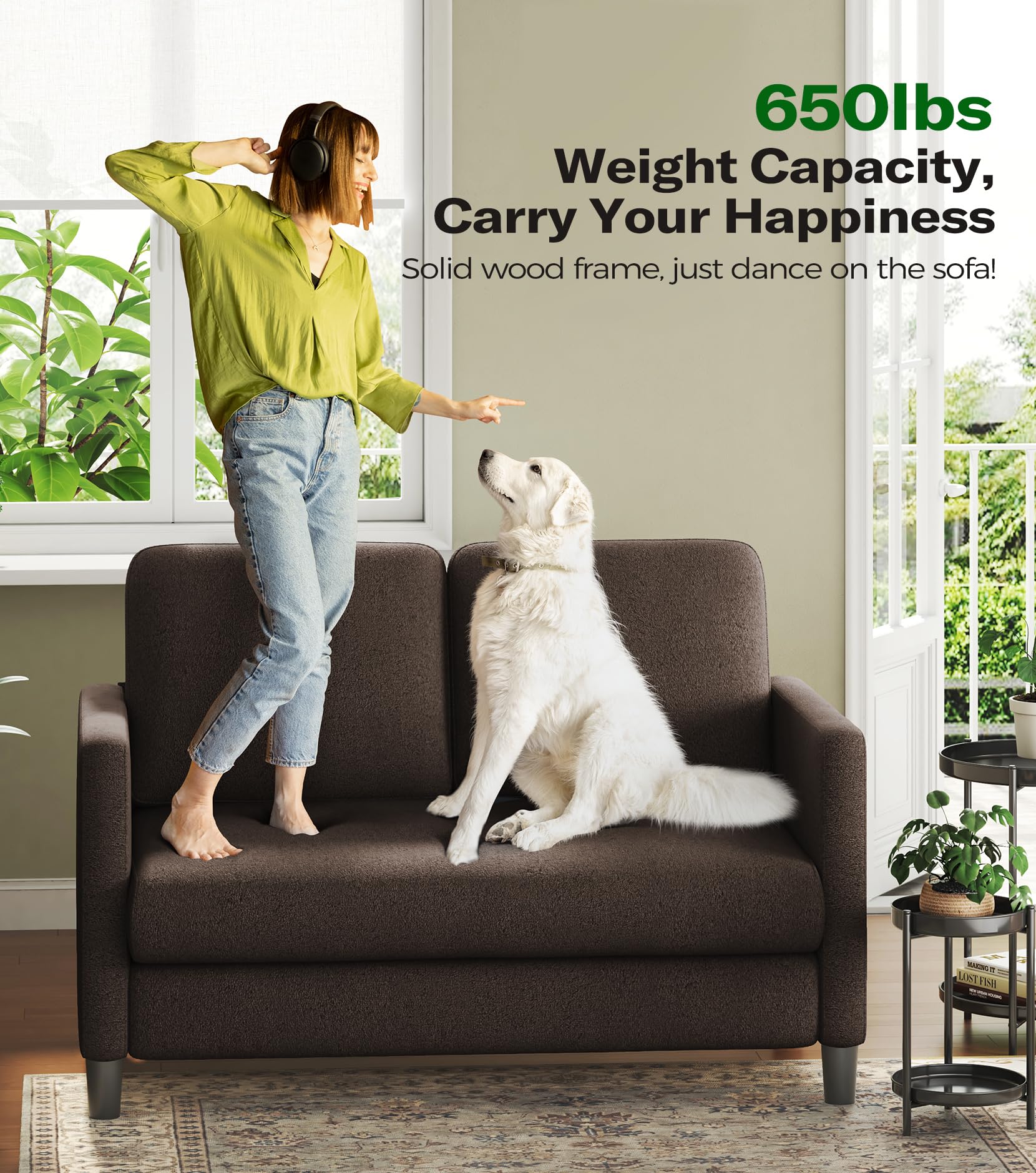 Welzona 51" Teddy Fabric Loveseat Sofa, Small 2-Seater Couch for Small Spaces, Tool-Free Assembly, Coffee