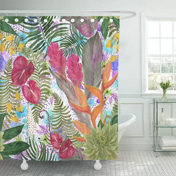 SUTTOM Watercolor Tropical Pattern Exotic Flowers Bird of Paradise Orchidea Shower Curtain 66x72 inch