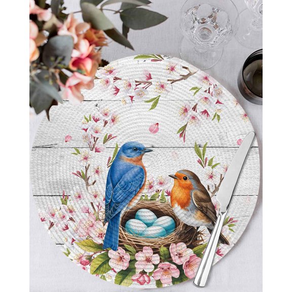 15 Inch Round Placemats Set of 6, Birds Floral Non Slip Heat Insulation PP Table Mats, Farmhouse Country Pink Flower Leaf Wood Grain Washable Place Mats for Kitchen Dining Party Table Decor