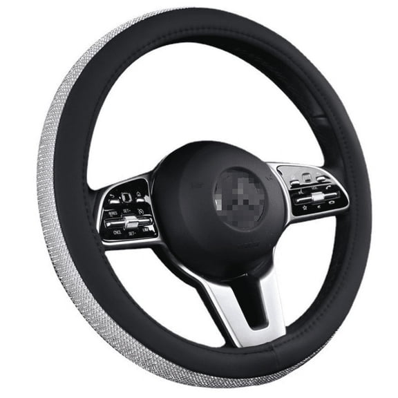 MINI-FACTORY Diamond Leather Steering Wheel Cover with Bling Crystal Silver Rhinestones, Universal Fit 15 Inch Car Wheel Protector for Women Girls - Black