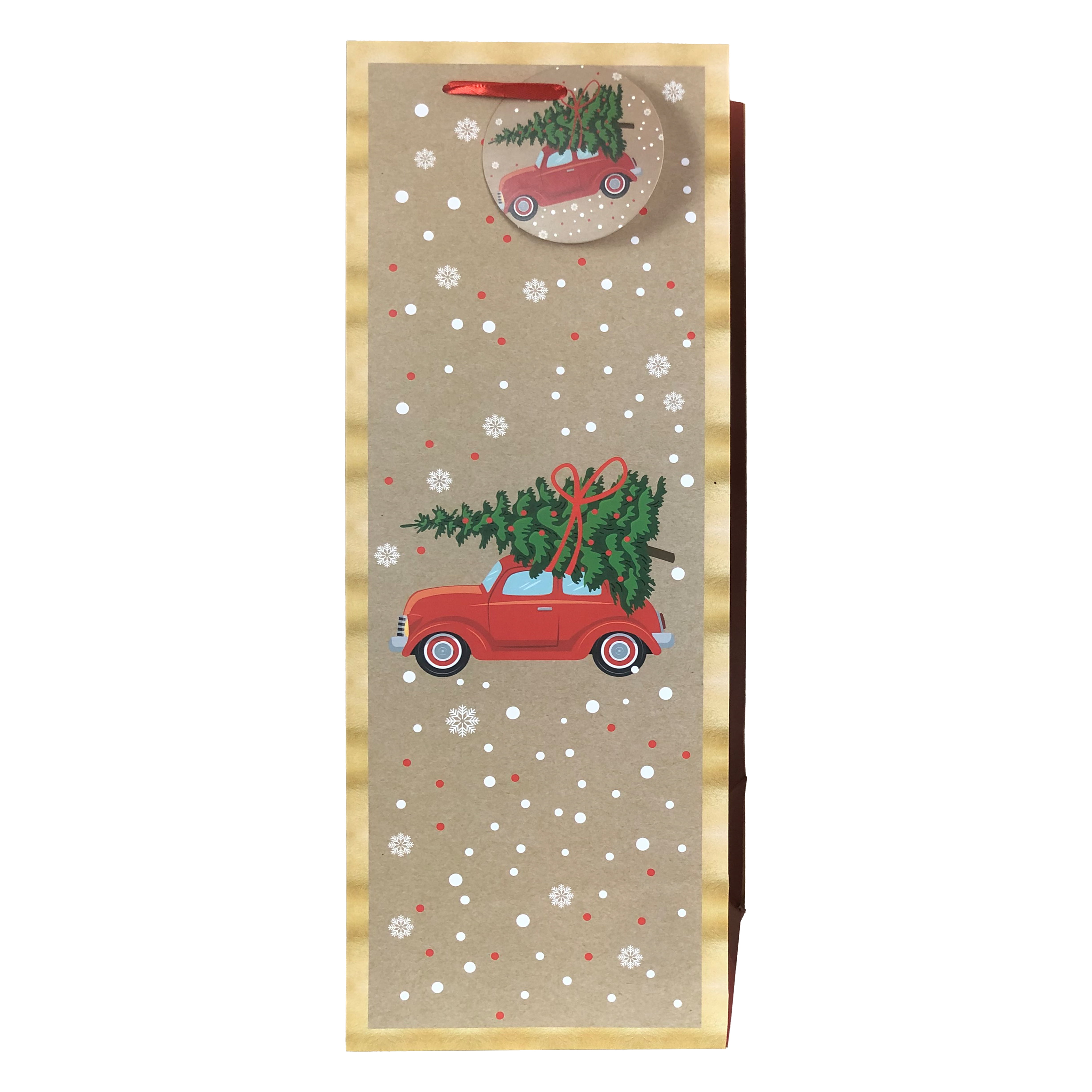 Holiday Time Christmas Wine Gift Bag With Tree and Car Design, CHRISTMAS WINE GIFT BAG WITH TREE