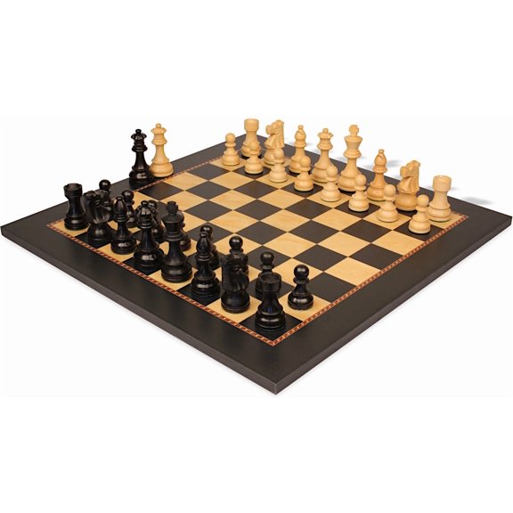 French Lardy Staunton Chess Set Ebonized & Boxwood Pieces with The Queen's Gambit Chess Board - 3.75" King